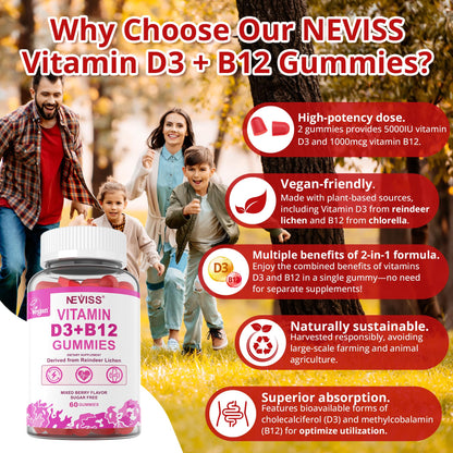 NEVISS Vegan Vitamin D3 + B12 Gummies (2Pack) – 5000 IU D3 & 1000 mcg B12, 120 Count