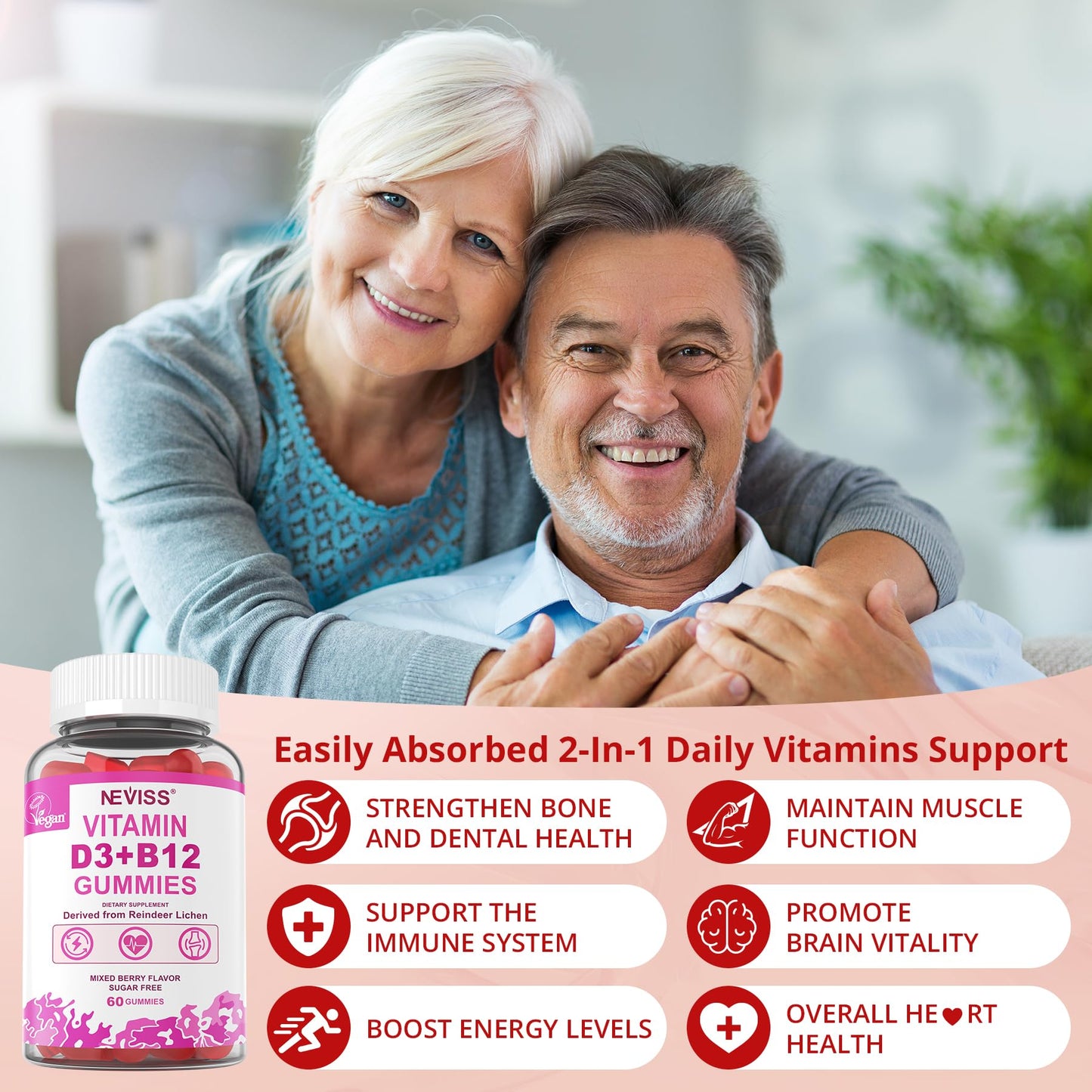 NEVISS Vegan Vitamin D3 + B12 Gummies (2Pack) – 5000 IU D3 & 1000 mcg B12, 120 Count