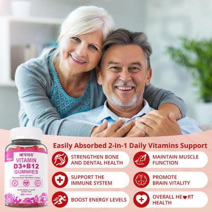 NEVISS Vegan Vitamin D3 + B12 Gummies (2Pack) – 5000 IU D3 & 1000 mcg B12, 120 Count