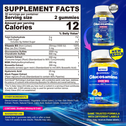 NEVISS Glucosamine 2000mg Gummies – Extra Strength with Chondroitin, MSM, Turmeric, Boswellia, Hyaluronic Acid, Vitamin D3 & Zinc | Pineapple 60 Gummies