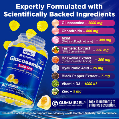 NEVISS Glucosamine 2000mg Gummies – Extra Strength with Chondroitin, MSM, Turmeric, Boswellia, Hyaluronic Acid, Vitamin D3 & Zinc | Pineapple 60 Gummies