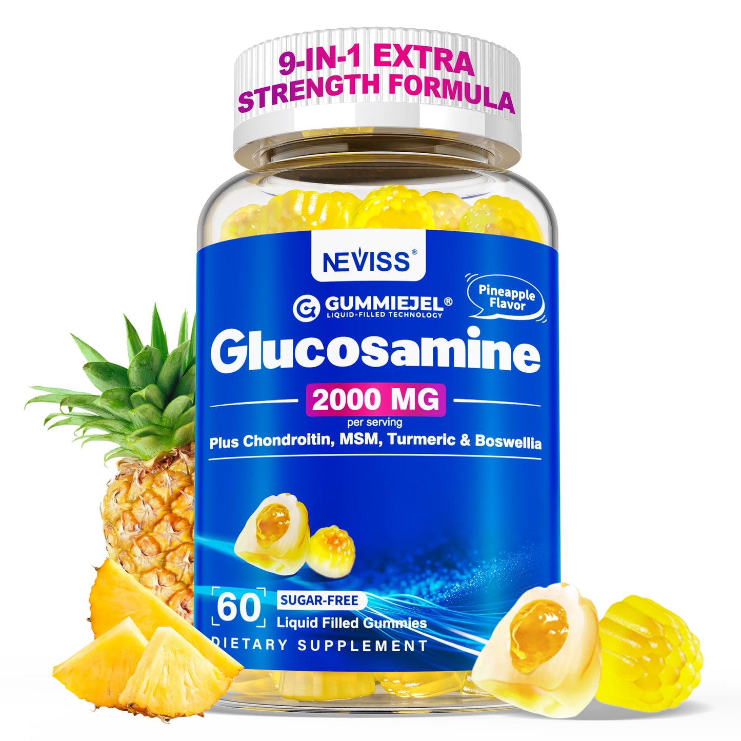 NEVISS Glucosamine 2000mg Gummies – Extra Strength with Chondroitin, MSM, Turmeric, Boswellia, Hyaluronic Acid, Vitamin D3 & Zinc | Pineapple 60 Gummies
