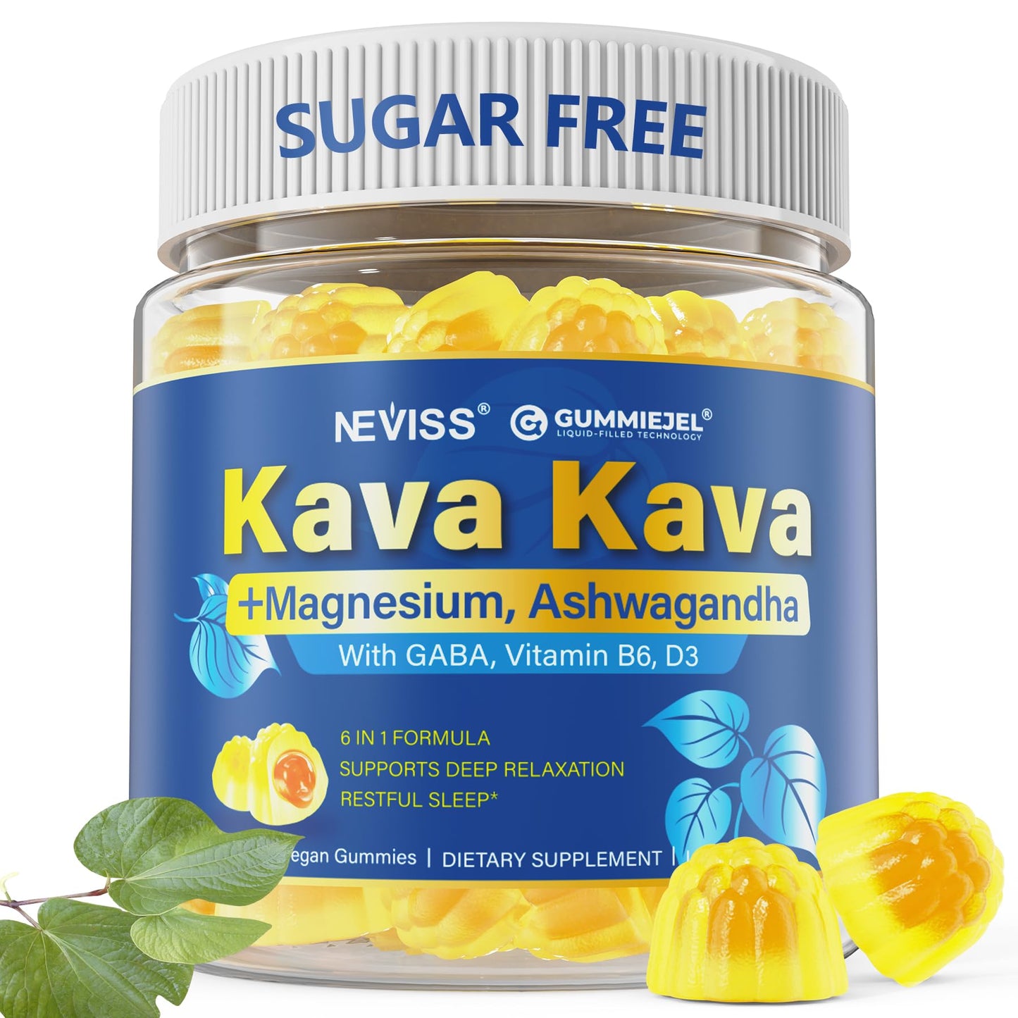 NEVISS Kava Kava Gummies – Calm, Relaxation & Natural Sleep | 600 mg Kava Root Extract + GABA, Ashwagandha, Magnesium, B6/D3 | Sugar-Free, Melatonin-Free, Vegan 60 Ct