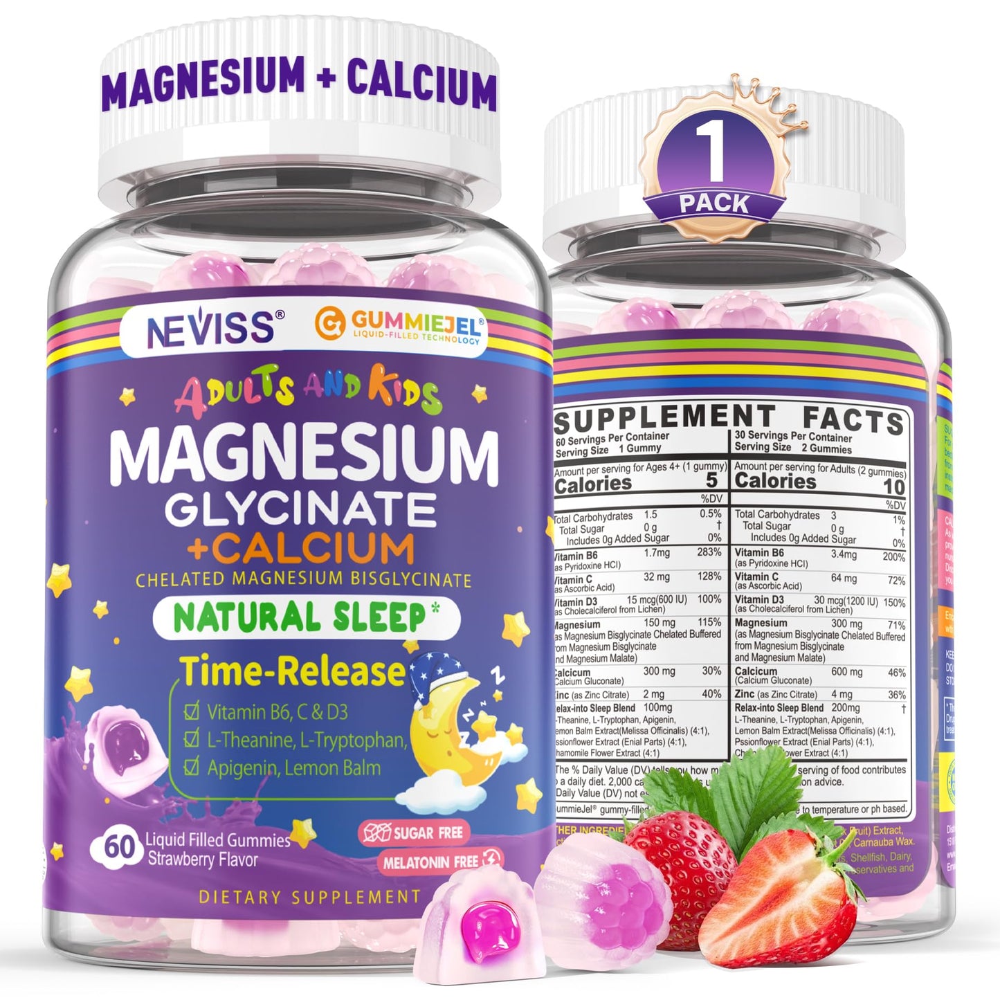 Neviss Magnesium Glycinate + Calcium Gummies for Adults & Kids 4+ | Sleep Support (Sugar Free)