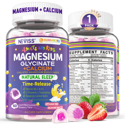 Neviss Magnesium Glycinate + Calcium Gummies for Adults & Kids 4+ | Sleep Support (Sugar Free)