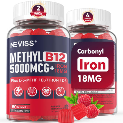 NEVISS Methyl B12 Gummies + Iron 5000 mcg/18 mg – Energy & Focus for Women, 120 Servings