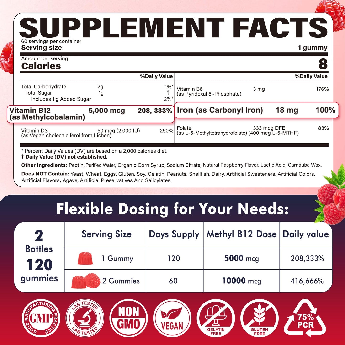 NEVISS Methyl B12 Gummies + Iron 5000 mcg/18 mg – Energy & Focus for Women, 120 Servings