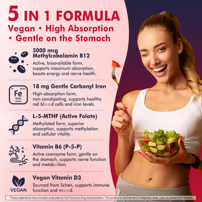 NEVISS Methyl B12 Gummies + Iron 5000 mcg/18 mg – Energy & Focus for Women, 120 Servings