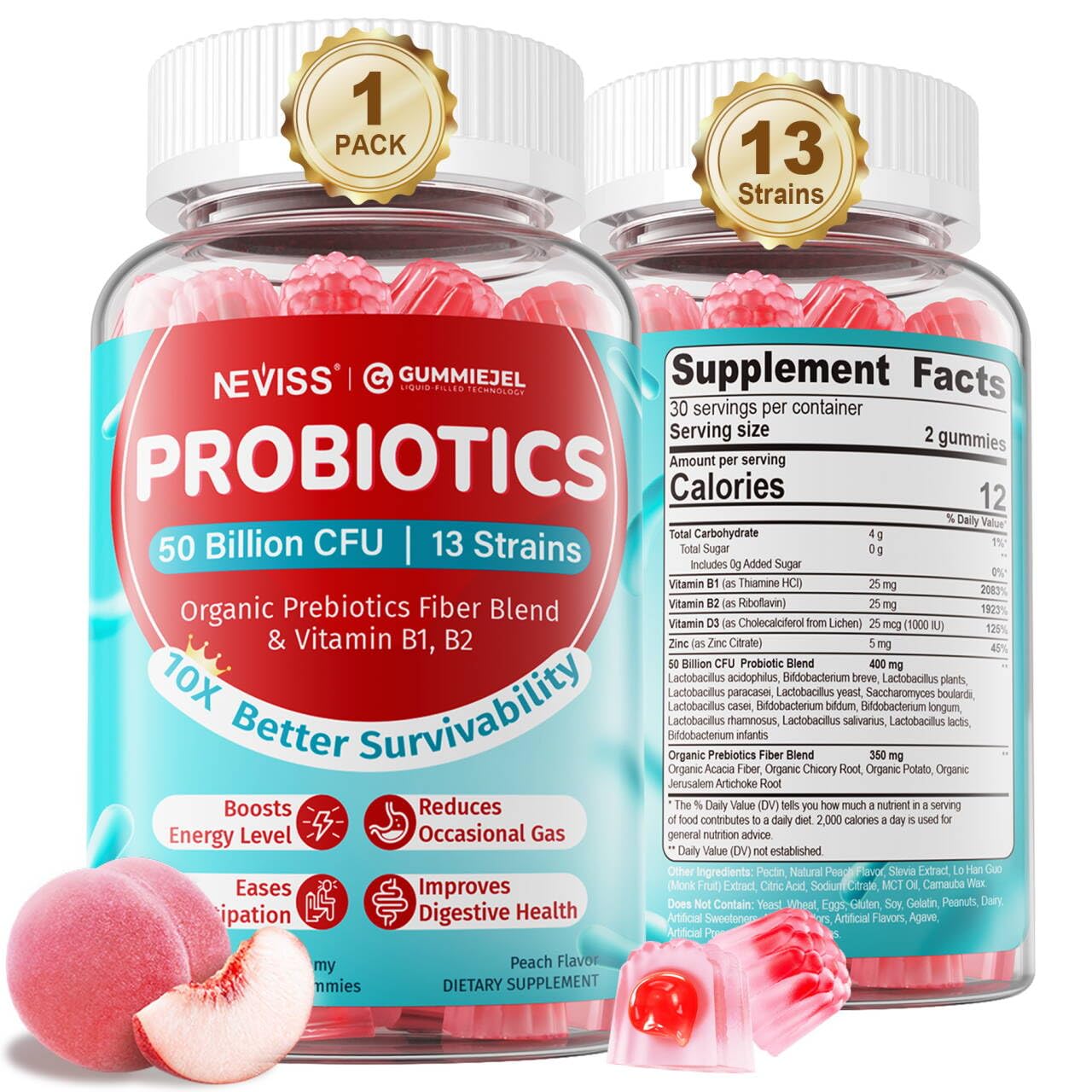 NEVISS Probiotic + Prebiotic Gummies 60 Count  
40 Sugar Free, 50B CFUs, 4+ Adults & Kids