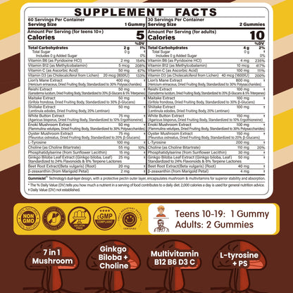 Neviss Teens Brain Gummy: Lion's Mane 7-in-1 Focus, Memory & Energy (Sugar Free)
