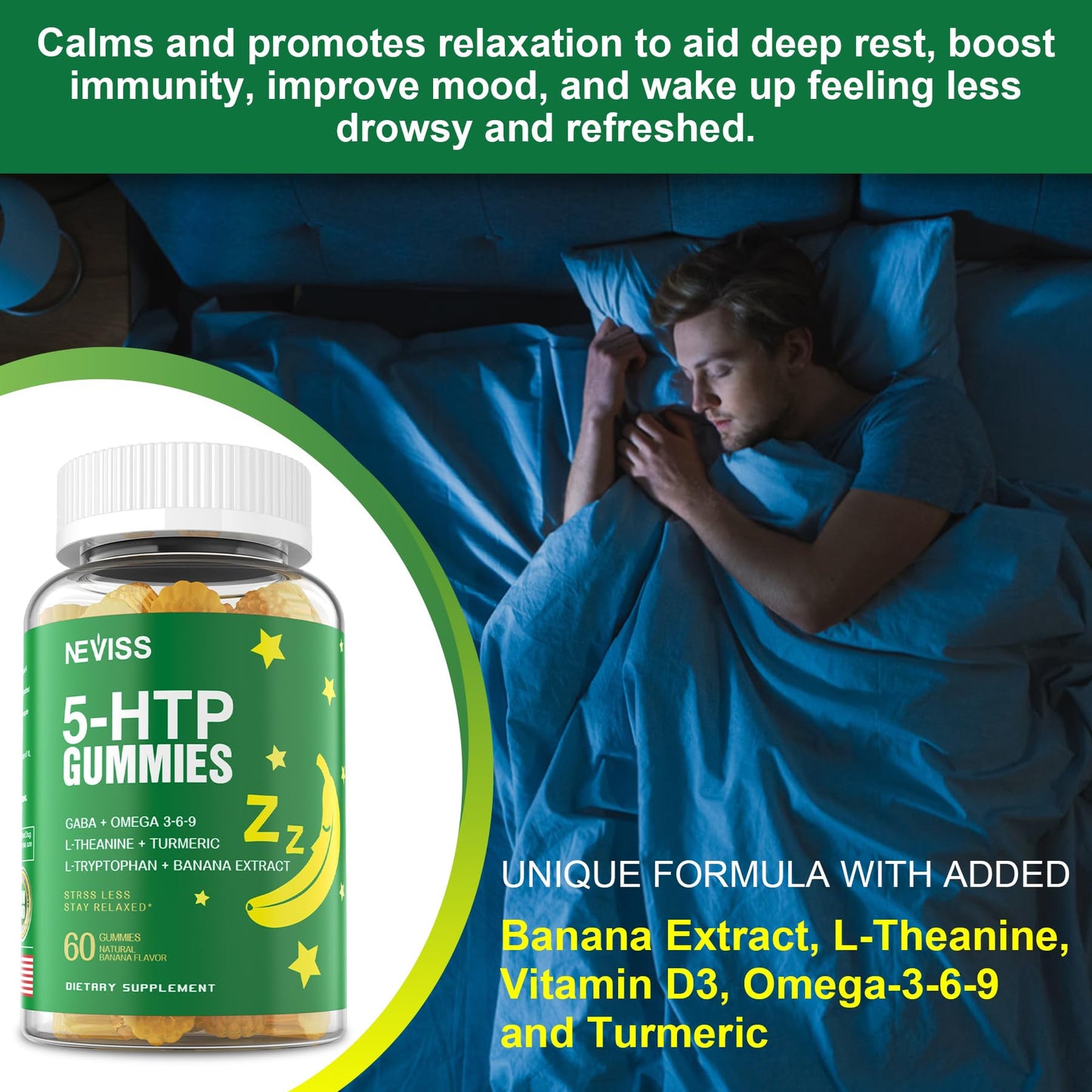NEVISS 1Pack 5-HTP Gummies + GABA – Melatonin Free, Sleep & Relaxation