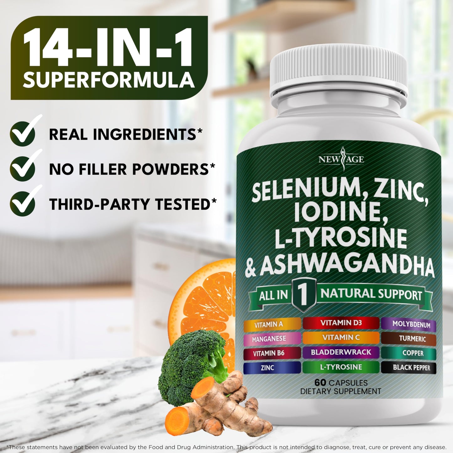 New Age Selenium, Zinc, Iodine, L-Tyrosine & Ashwagandha - 120 Count Supplement