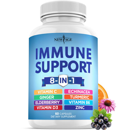New Age 8-in-1 Immune Support Booster with Echinacea, Vitamin C & Zinc, Vitamin D 5000 IU, Turmeric Curcumin & Ginger, B6, Elderberry – 60 Count