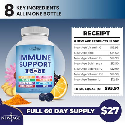 New Age 8-in-1 Immune Support Booster with Echinacea, Vitamin C & Zinc, Vitamin D 5000 IU, Turmeric Curcumin & Ginger, B6, Elderberry – 60 Count