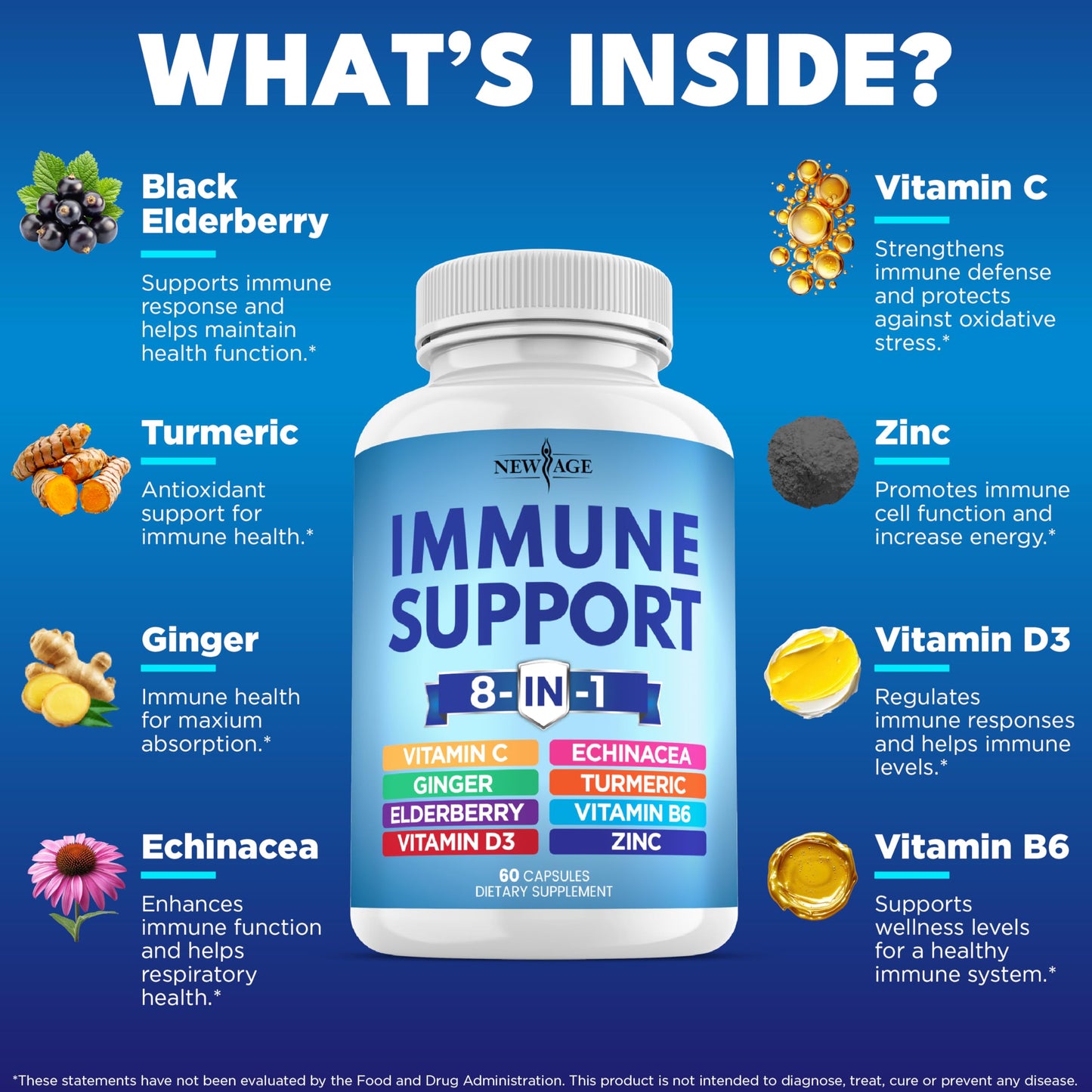 New Age 8-in-1 Immune Support Booster with Echinacea, Vitamin C & Zinc, Vitamin D 5000 IU, Turmeric Curcumin & Ginger, B6, Elderberry – 60 Count