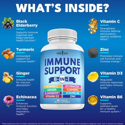 New Age 8-in-1 Immune Support Booster with Echinacea, Vitamin C & Zinc, Vitamin D 5000 IU, Turmeric Curcumin & Ginger, B6, Elderberry – 60 Count