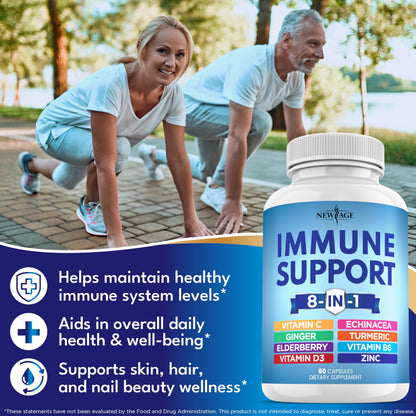 New Age 8-in-1 Immune Support Booster with Echinacea, Vitamin C & Zinc, Vitamin D 5000 IU, Turmeric Curcumin & Ginger, B6, Elderberry – 60 Count