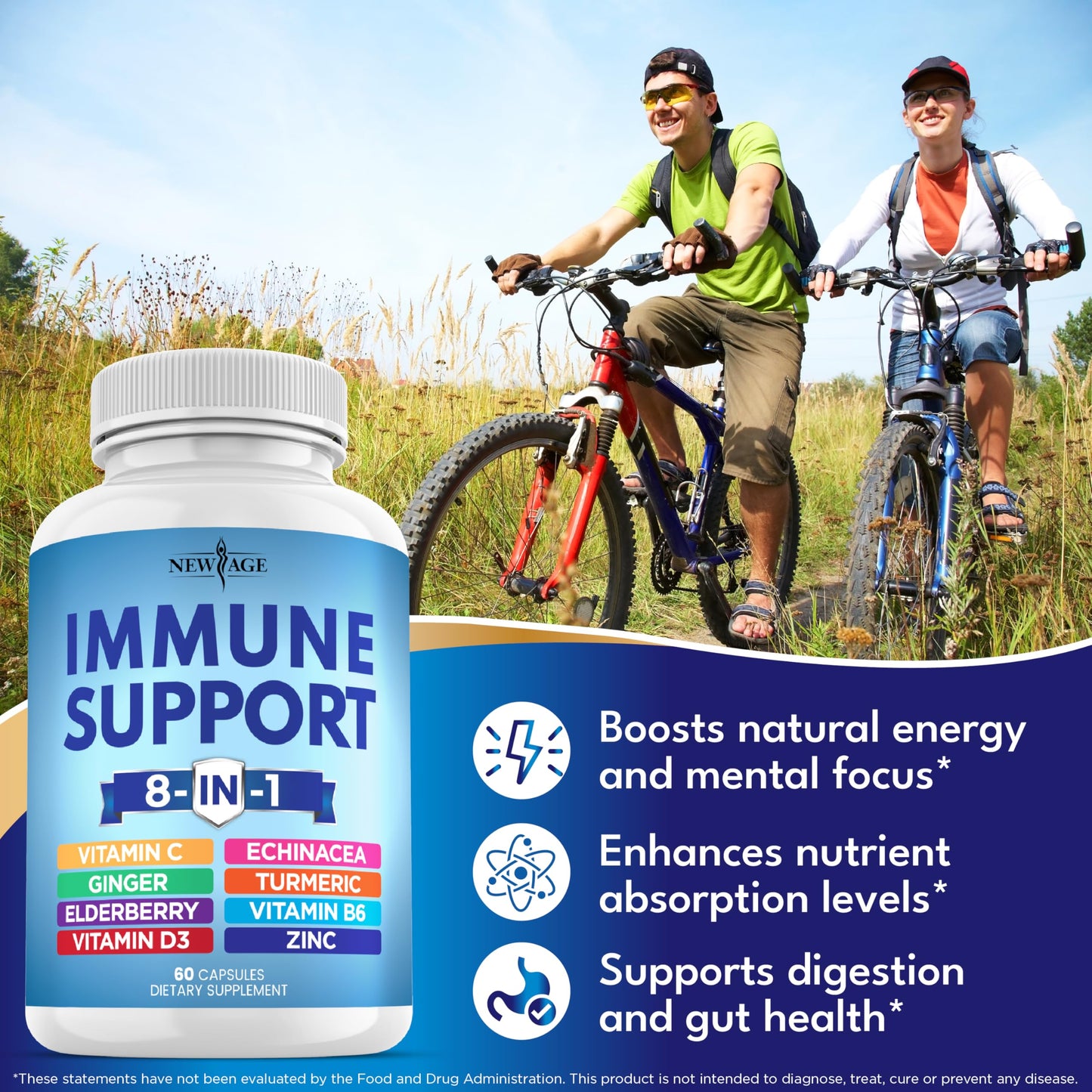 New Age 8-in-1 Immune Support Booster with Echinacea, Vitamin C & Zinc, Vitamin D 5000 IU, Turmeric Curcumin & Ginger, B6, Elderberry – 60 Count