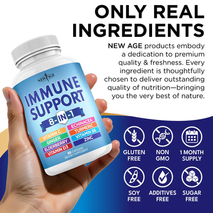 New Age 8-in-1 Immune Support Booster with Echinacea, Vitamin C & Zinc, Vitamin D 5000 IU, Turmeric Curcumin & Ginger, B6, Elderberry – 60 Count