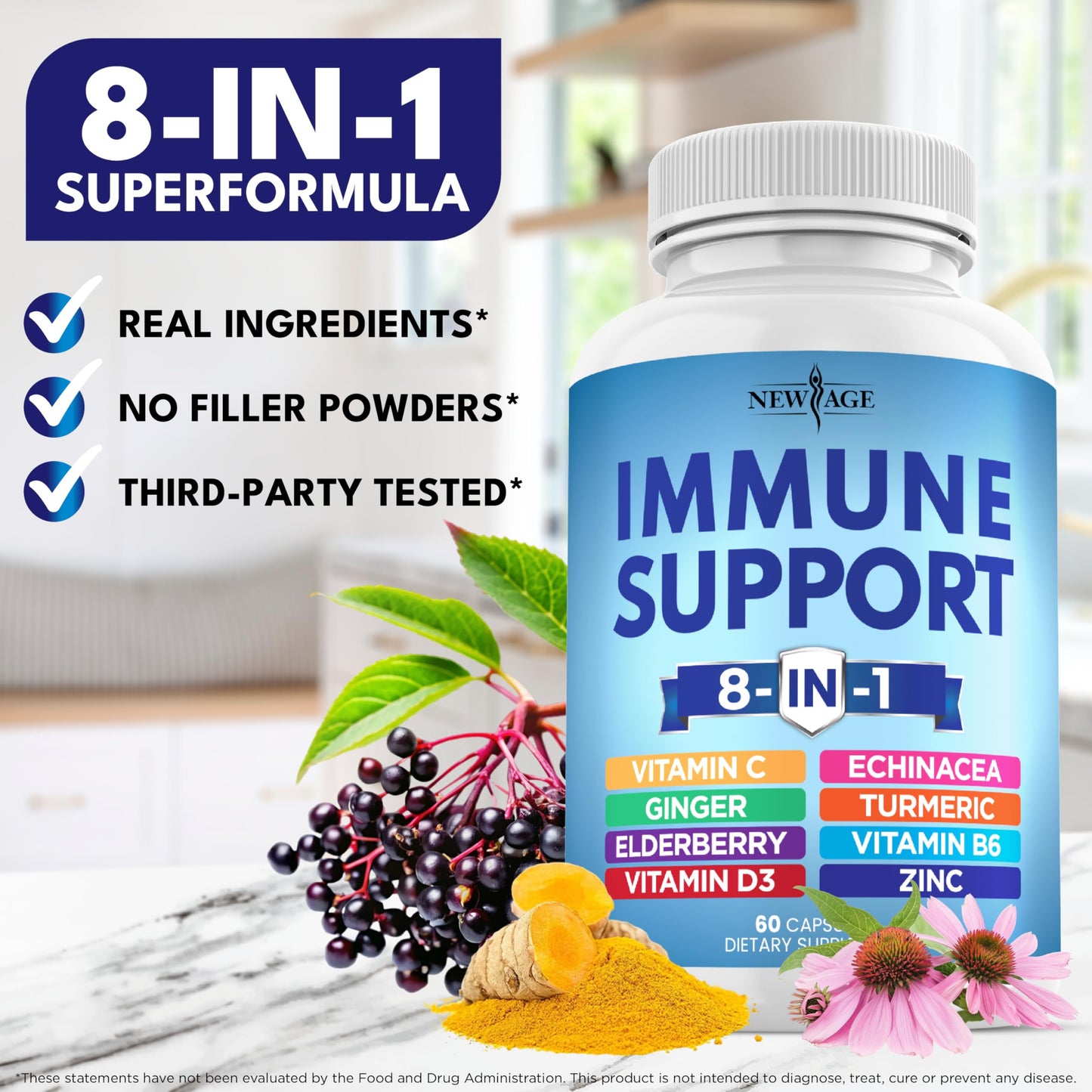 New Age 8-in-1 Immune Support Booster with Echinacea, Vitamin C & Zinc, Vitamin D 5000 IU, Turmeric Curcumin & Ginger, B6, Elderberry – 60 Count