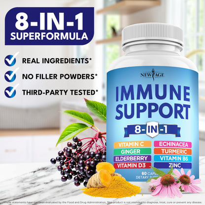 New Age 8-in-1 Immune Support Booster with Echinacea, Vitamin C & Zinc, Vitamin D 5000 IU, Turmeric Curcumin & Ginger, B6, Elderberry – 60 Count