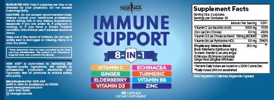 New Age 8-in-1 Immune Support Booster with Echinacea, Vitamin C & Zinc, Vitamin D 5000 IU, Turmeric Curcumin & Ginger, B6, Elderberry – 60 Count