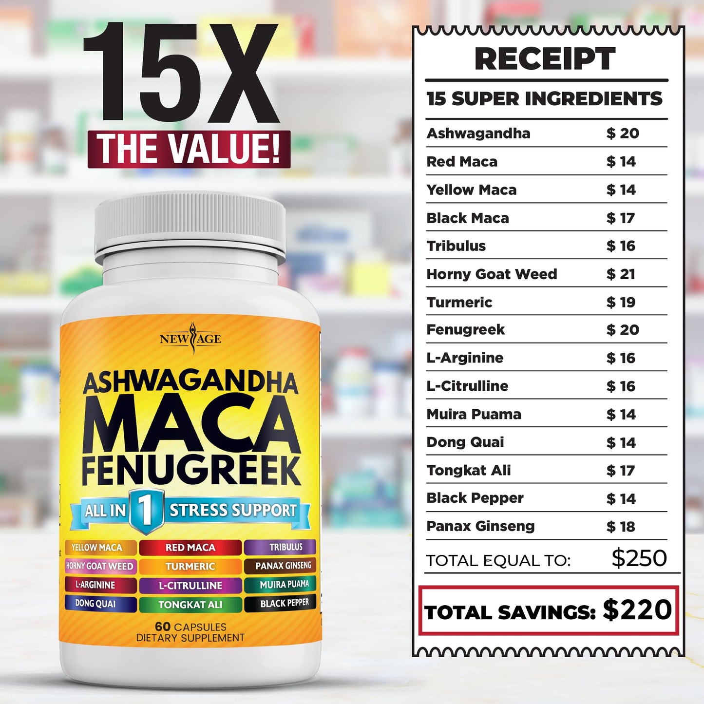 NEW AGE Ashwagandha Maca Root Fenugreek with Tongkat Ali & Ginseng | 120 Count | Made in USA