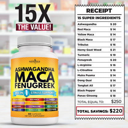 NEW AGE Ashwagandha Maca Root Fenugreek with Tongkat Ali & Ginseng | 120 Count | Made in USA