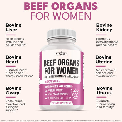 New Age Beef Organ Supplement for Women – Grass-Fed Liver, Kidney, Heart & Uterus Tissue | 120 Capsules