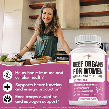 New Age Beef Organ Supplement for Women – Grass-Fed Liver, Kidney, Heart & Uterus Tissue | 120 Capsules