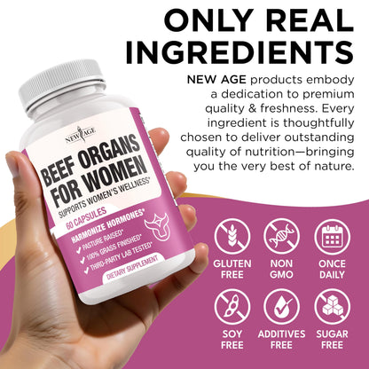 NEW AGE Beef Organ Supplement for Women - Grass-Fed, Pasture Raised - 60 Capsules
