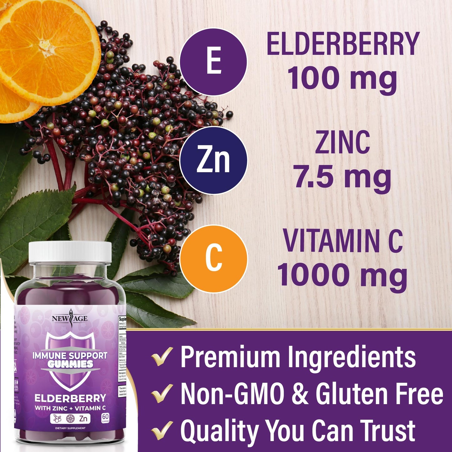 NEW AGE Immune Support Gummies – Sambucus Elderberry, Vitamin C & Zinc | 120 Gummies
