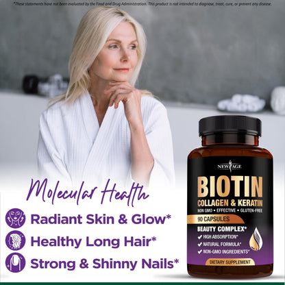 NEW AGE Biotin Collagen Keratin Hyaluronic Acid with DHT Blocker – 50,000mcg Hair Growth Vitamins (180 Count)