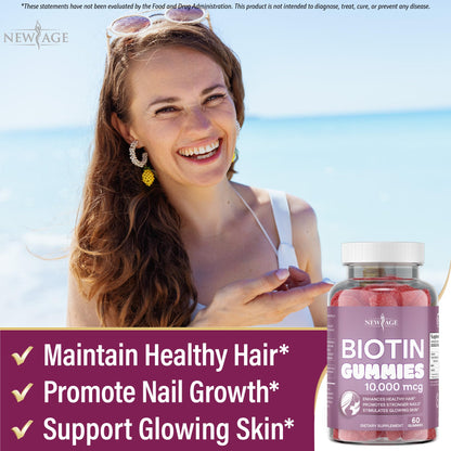 NEW AGE Biotin Gummies – Hair, Skin & Nails – 10,000 mcg – Non-GMO – Made in USA – 120 Count