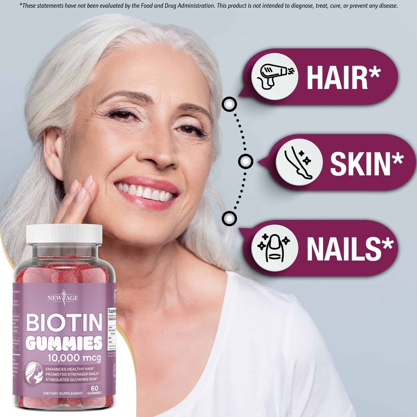 NEW AGE Biotin Gummies – Hair, Skin & Nails – 10,000 mcg – Non-GMO – Made in USA – 120 Count
