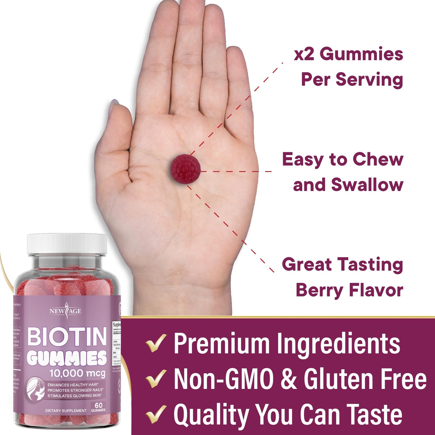 NEW AGE Biotin Gummies – Hair, Skin & Nails – 10,000 mcg – Non-GMO – Made in USA – 120 Count