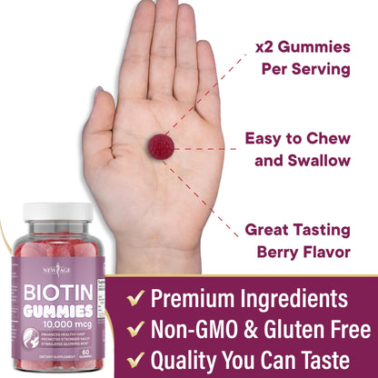 NEW AGE Biotin Gummies – Hair, Skin & Nails – 10,000 mcg – Non-GMO – Made in USA – 120 Count