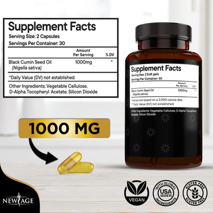 NEW AGE Black Seed Oil Softgel Capsules - Cold-Pressed Nigella Sativa, Non-GMO & Vegetarian (120 Softgels)