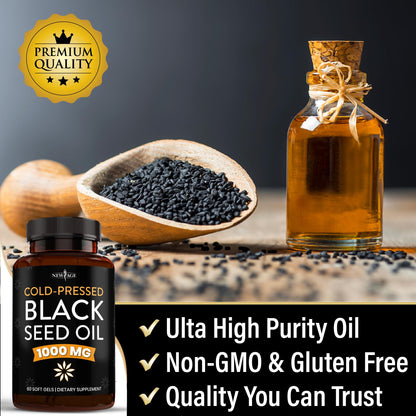NEW AGE Black Seed Oil Softgel Capsules - Cold-Pressed Nigella Sativa, Non-GMO & Vegetarian (120 Softgels)