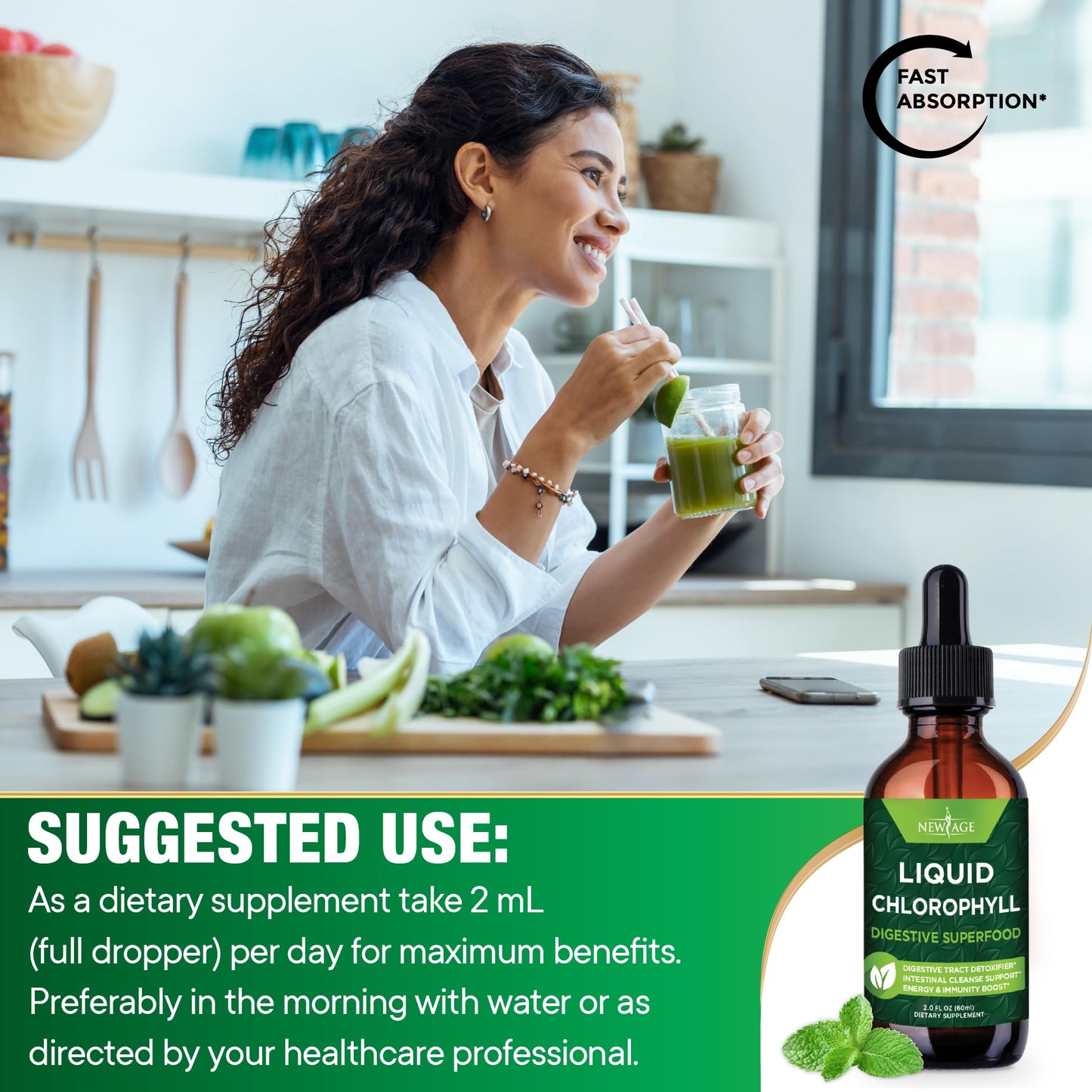 NEW AGE Chlorophyll Liquid Drops – Energy Booster, Digestion & Immune Support (2 Pack)