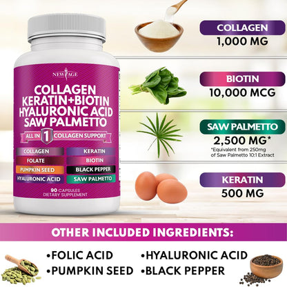NEW AGE Collagen Pills with Biotin, Keratin & Saw Palmetto - 90 Count (Pack of 2)