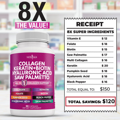 NEW AGE Collagen Pills with Biotin, Keratin & Saw Palmetto - 90 Count (Pack of 2)