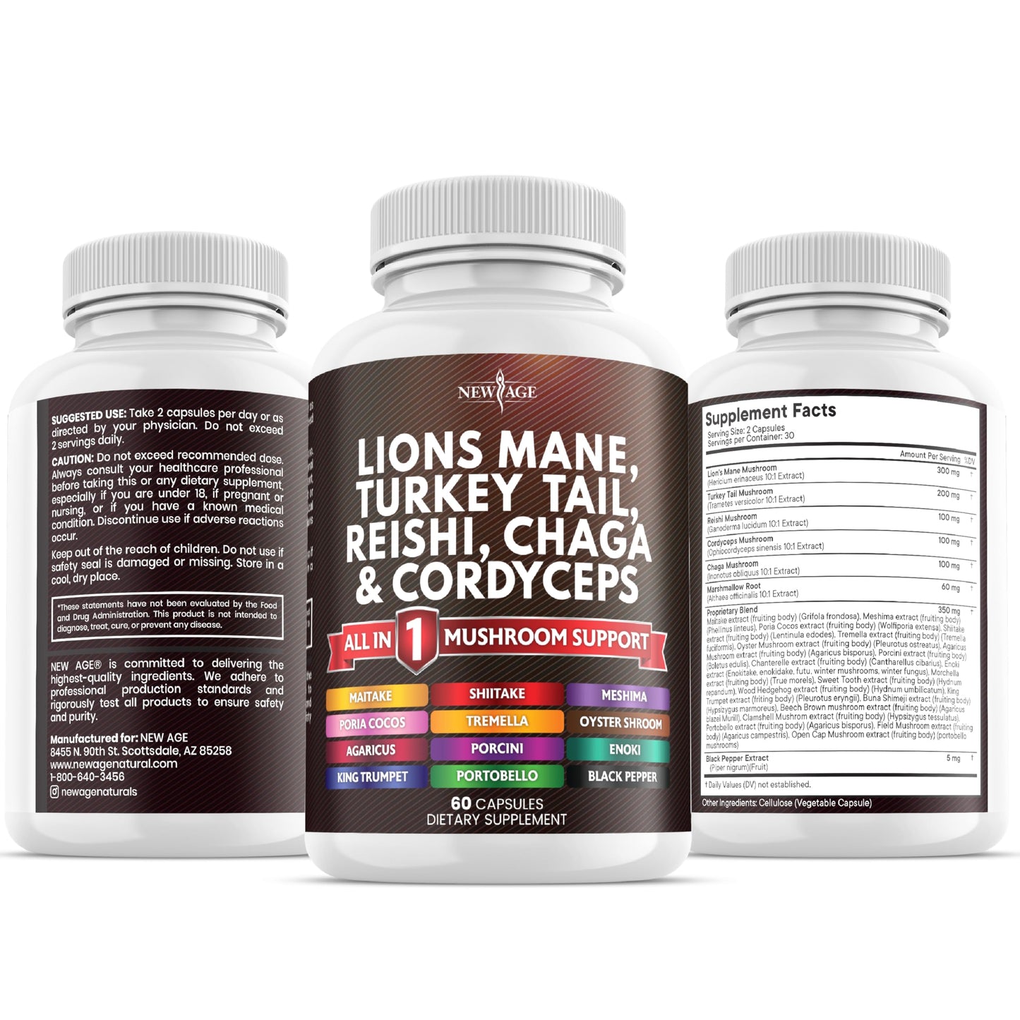 NEW AGE Lions Mane 20-in-1 Mushroom Supplement with Turkey Tail, Reishi, Chaga, Cordyceps, Marshmallow Root – 180 Count