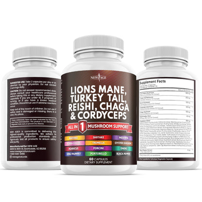 NEW AGE Lions Mane 20-in-1 Mushroom Supplement with Turkey Tail, Reishi, Chaga, Cordyceps, Marshmallow Root – 180 Count