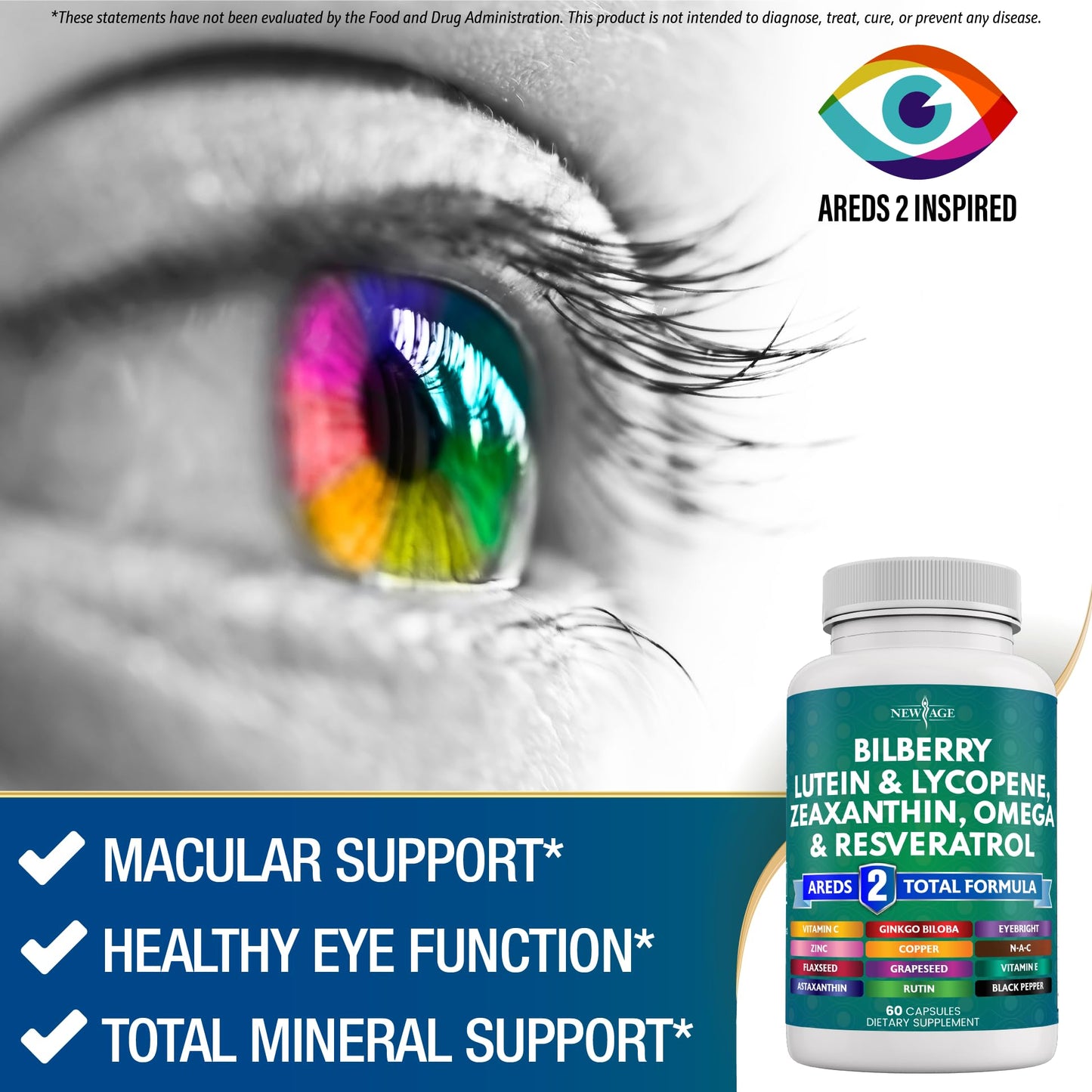 NEW AGE Eye Health Vitamins with Bilberry 300mg Lutein & Zeaxanthin 40mg Lycopene 40mg Resveratrol 100mg Grape Seed Extract 200mg Astaxanthin - Eye Vitamin -120 Count
