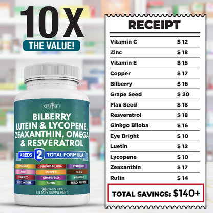 NEW AGE Eye Health Vitamins with Bilberry 300mg Lutein & Zeaxanthin 40mg Lycopene 40mg Resveratrol 100mg Grape Seed Extract 200mg Astaxanthin - Eye Vitamin -120 Count