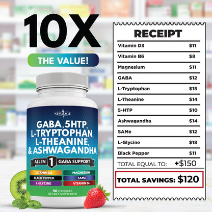 NEW AGE GABA 750mg with 5-HTP & L-Theanine 200mg - 180 Count