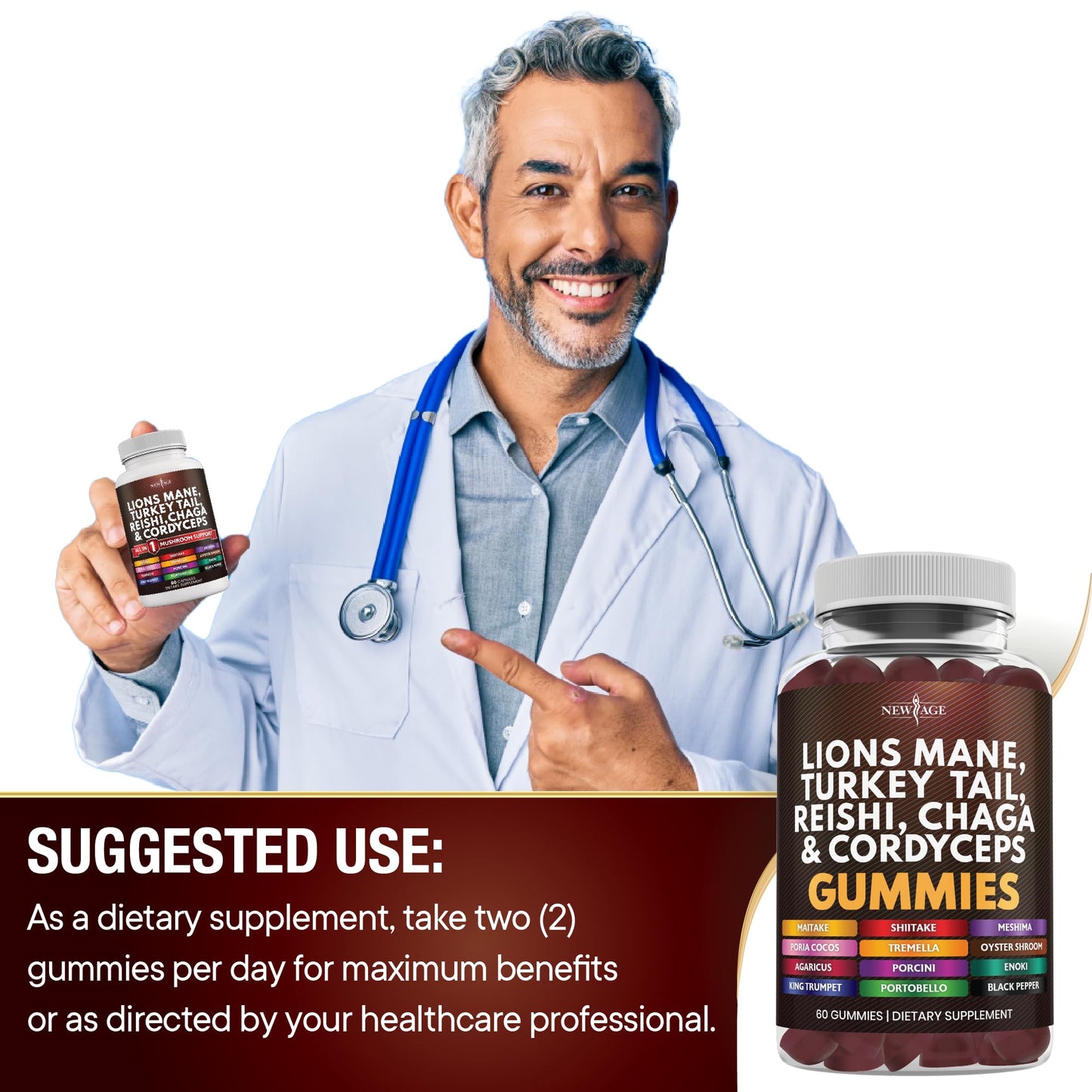 NEW AGE Mushroom Lion's Mane Gummies - 120 Count | Cognitive & Immune Support with Reishi & Cordyceps