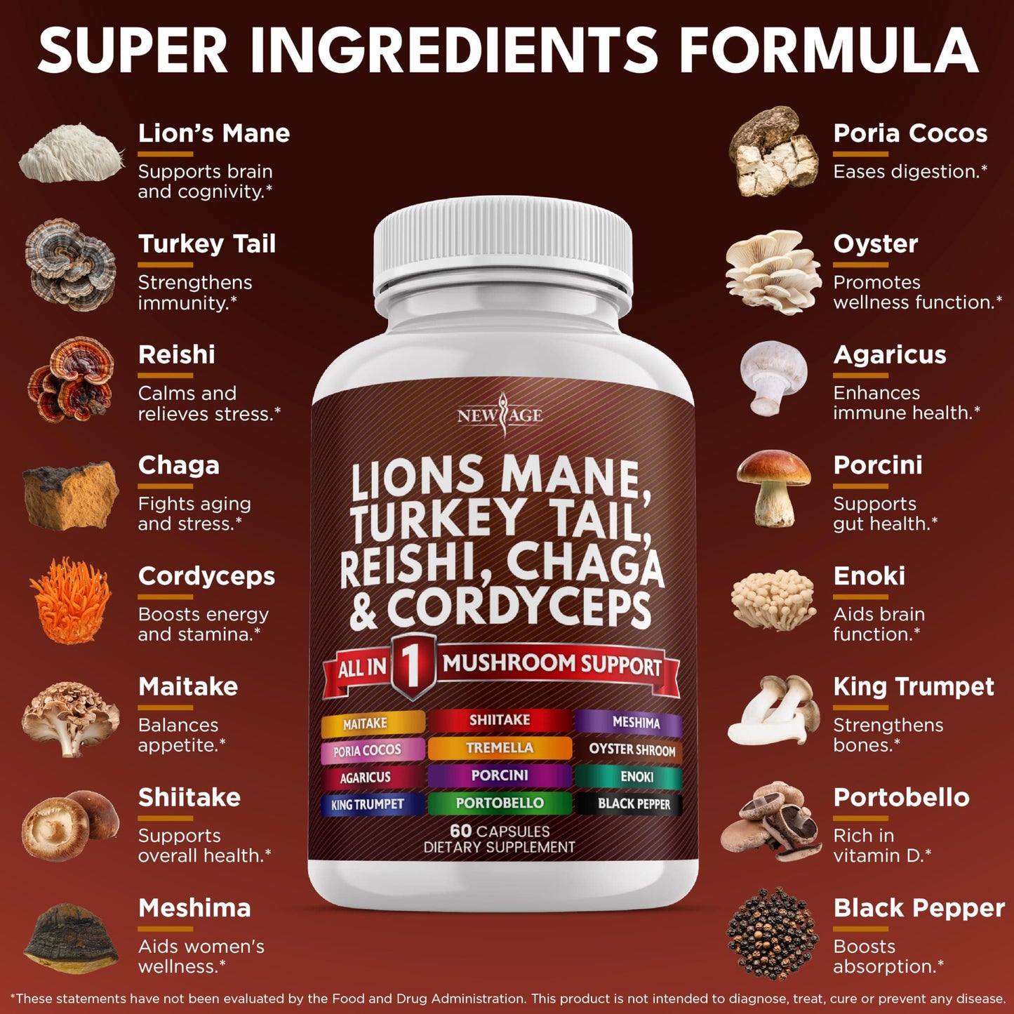 NEW AGE Lions Mane Mushroom Supplement with Turkey Tail, Reishi, Cordyceps, Chaga + Marshmallow Root – 120 Count