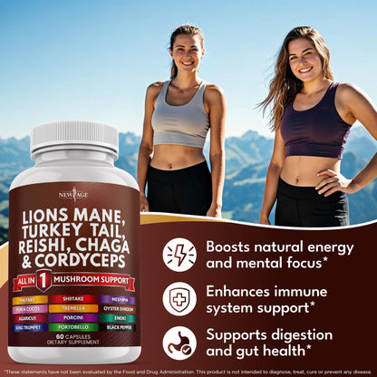 NEW AGE Lions Mane Mushroom Supplement with Turkey Tail, Reishi, Cordyceps, Chaga + Marshmallow Root – 120 Count